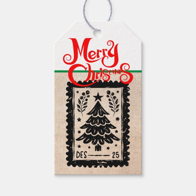 Custom Retro Paper Briefmarke Merry Christmas Tree Geschenkanhänger (Vorderseite)