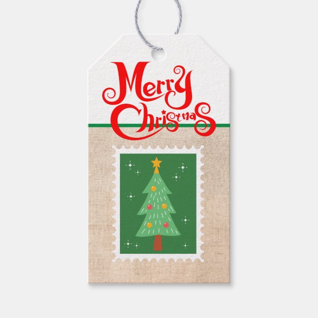 Custom Retro Paper Briefmarke Merry Christmas Tree Geschenkanhänger (Vorderseite)
