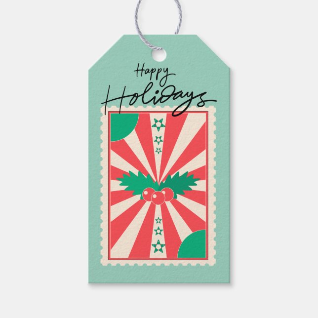 Custom Retro Paper Briefmarke mit Christmas Holly Geschenkanhänger (Vorderseite)