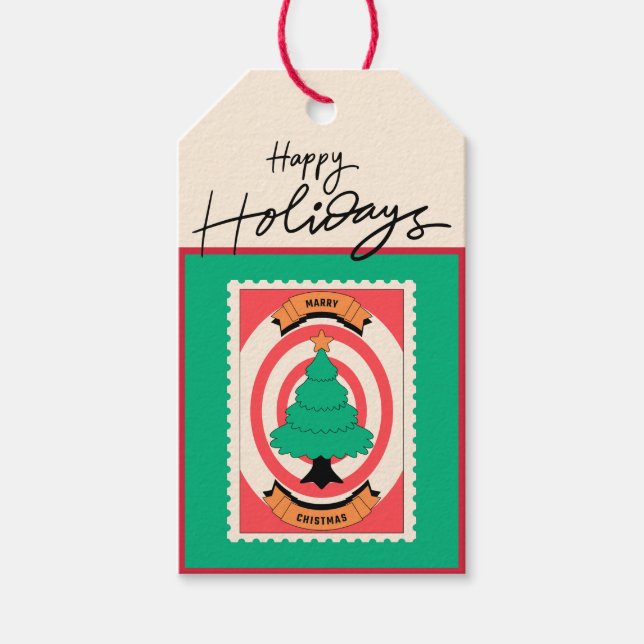 Custom Retro Paper Briefmarke mit Green Christmas  Geschenkanhänger (Vorderseite)
