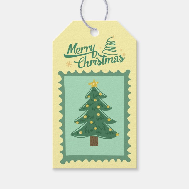 Custom Retro Paper Briefmarke mit Weihnachtsbaum Geschenkanhänger (Vorderseite)