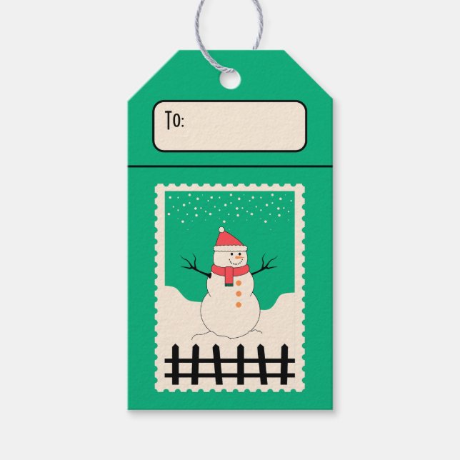 Custom Retro Paper Briefmarke Snowman Zaun Geschenkanhänger (Vorderseite)