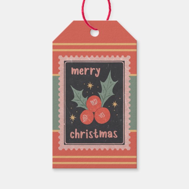 Custom Retro Paper Briefmarken Christmas Holly Ber Geschenkanhänger (Vorderseite)