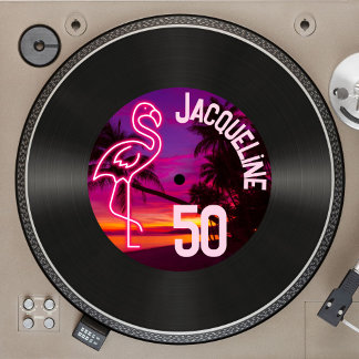 Custom Retro Record Neon Flamingo 50. Geburtstag Einladung