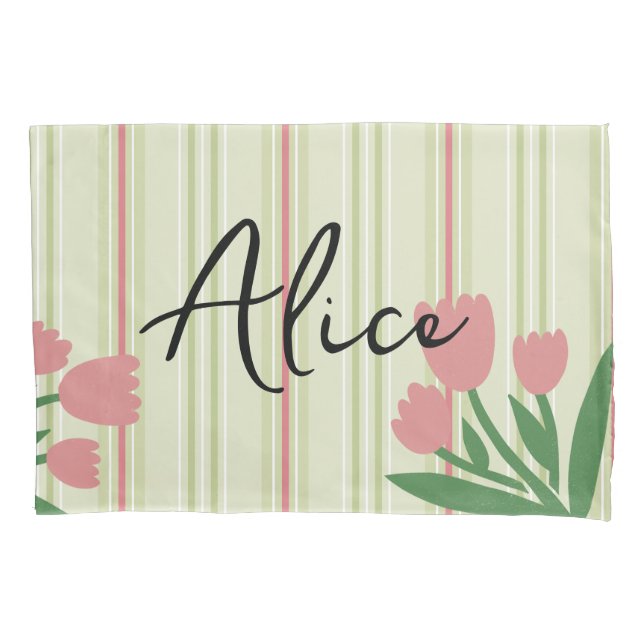 Custom retro stripes and floral green pink girly kissenbezug (Vorderseite)