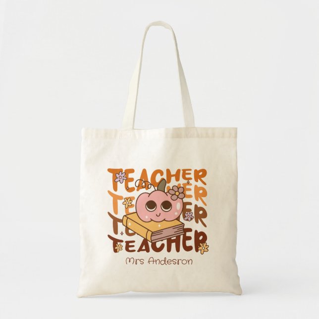 Custom Retro Teacher - Halloween Pumpkin & Book Tragetasche (Vorne)