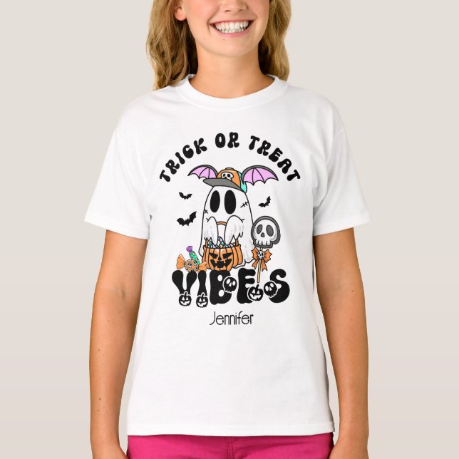 Custom Retro Trick oder Treten Vibes Ghost Kids T-Shirt (Vorderseite)