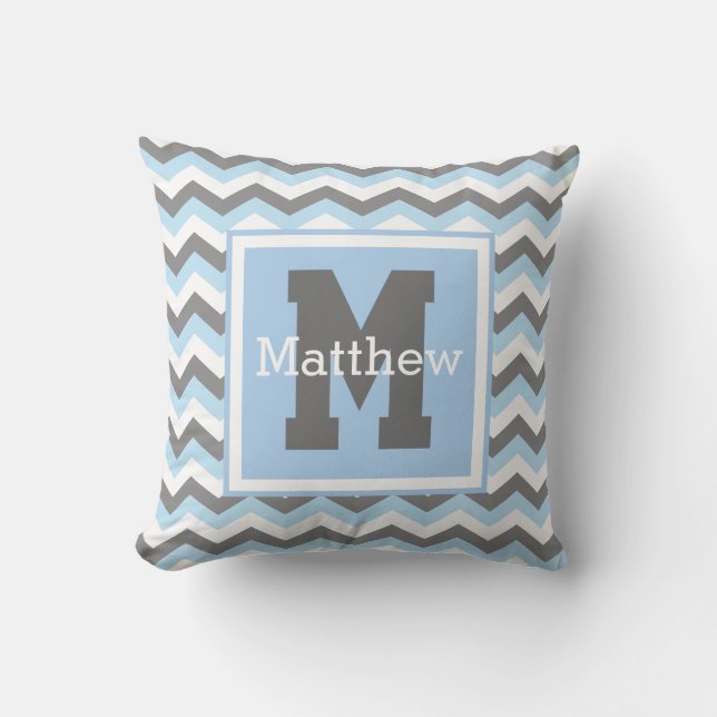 Custom Rey Baby Blue White Zickzack Monogram Name Kissen (Vorderseite)