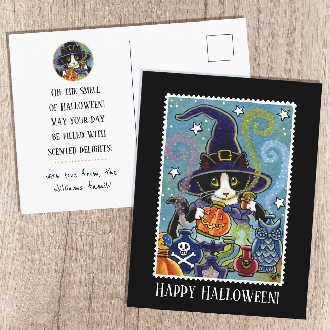 Custom "Riech von Halloween" Katze Hexe Postkarte (Von Creator hochgeladen)