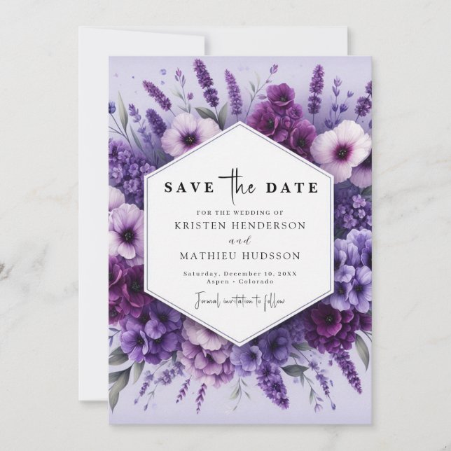 Custom Romantic Lila Floral Wedding Save The Date (Vorderseite)