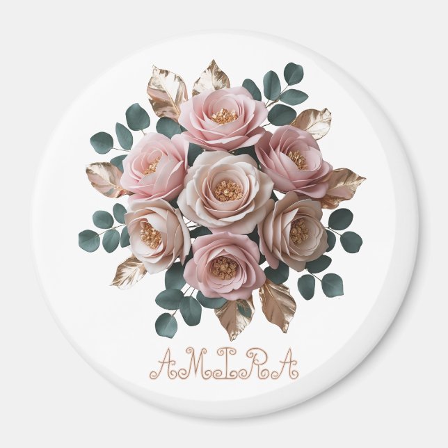 Custom Rose Gold Floral Monogram Round Magnet (Vorne)