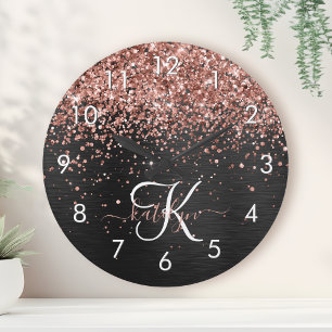 Custom Rose Gold Glitter Black Sparkle Monogram Runde Wanduhr