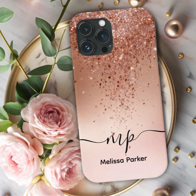 Custom Rose Gold Glitter Drip Monogram Case-Mate iPhone Hülle (Von Creator hochgeladen)