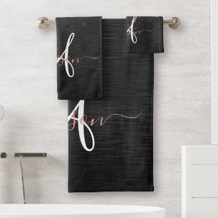 Custom Rose Gold Glitzer Black Sparkone Monogram Badhandtuch Set