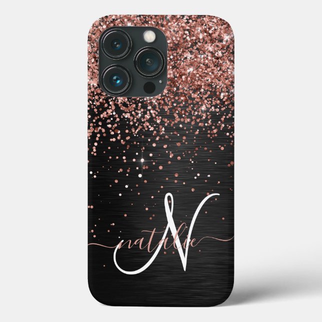 Custom Rose Gold Glitzer Black Sparkone Monogram Case-Mate iPhone Hülle (Rückseite)