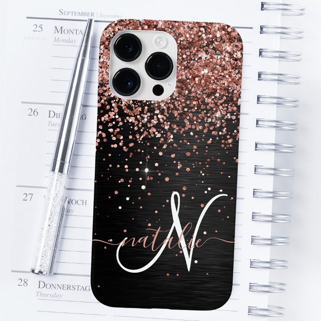Custom Rose Gold Glitzer Black Sparkone Monogram Case-Mate iPhone Hülle (Von Creator hochgeladen)