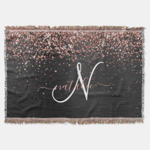 Custom Rose Gold Glitzer Black Sparkone Monogram Decke