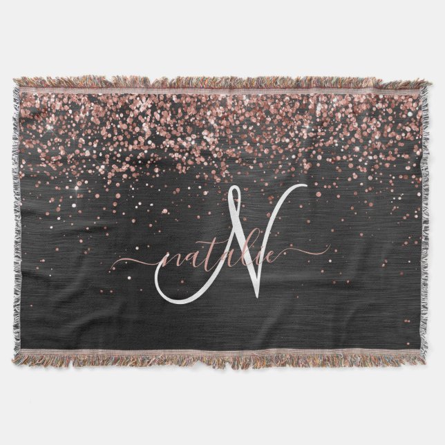 Custom Rose Gold Glitzer Black Sparkone Monogram Decke (Vorderseite)