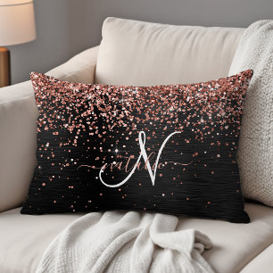 Custom Rose Gold Glitzer Black Sparkone Monogram Dekokissen