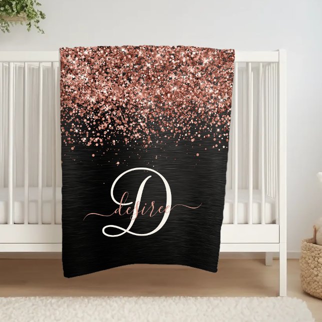 Custom Rose Gold Glitzer Black Sparkone Monogram Fleecedecke (Von Creator hochgeladen)