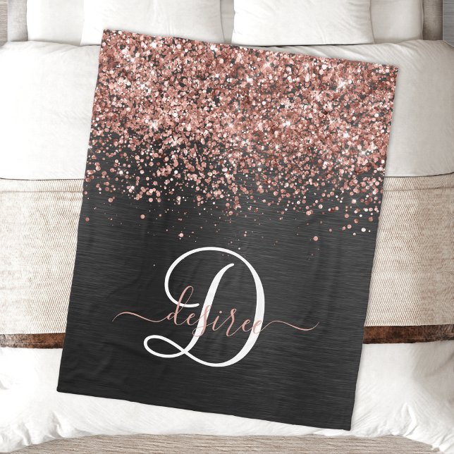 Custom Rose Gold Glitzer Black Sparkone Monogram Fleecedecke (Von Creator hochgeladen)