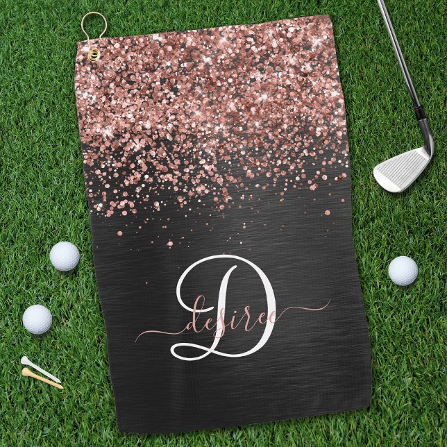 Custom Rose Gold Glitzer Black Sparkone Monogram Golfhandtuch (Von Creator hochgeladen)