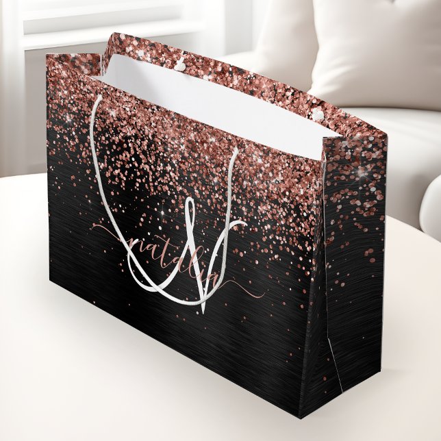 Custom Rose Gold Glitzer Black Sparkone Monogram Große Geschenktüte (Von Creator hochgeladen)