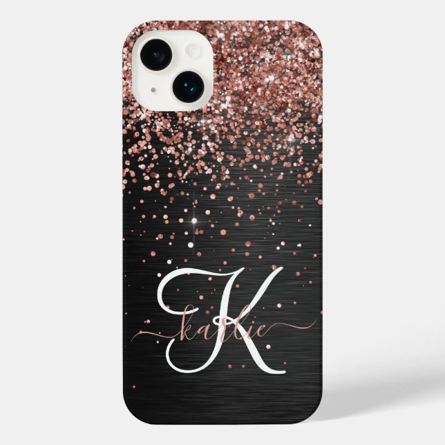 Custom Rose Gold Glitzer Black Sparkone Monogram iPhone Hülle (Rückseite)