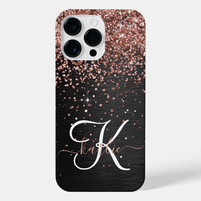 Custom Rose Gold Glitzer Black Sparkone Monogram iPhone Hülle (Rückseite)