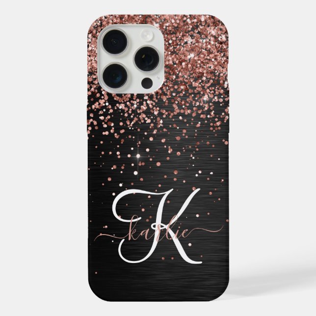 Custom Rose Gold Glitzer Black Sparkone Monogram iPhone Hülle (Rückseite)