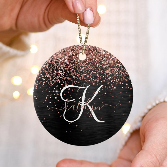 Custom Rose Gold Glitzer Black Sparkone Monogram Keramik Ornament (Von Creator hochgeladen)