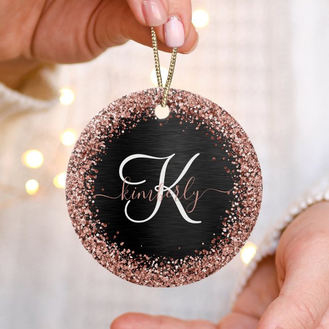 Custom Rose Gold Glitzer Black Sparkone Monogram Keramik Ornament (Von Creator hochgeladen)