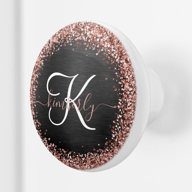 Custom Rose Gold Glitzer Black Sparkone Monogram Keramikknauf (Von Creator hochgeladen)