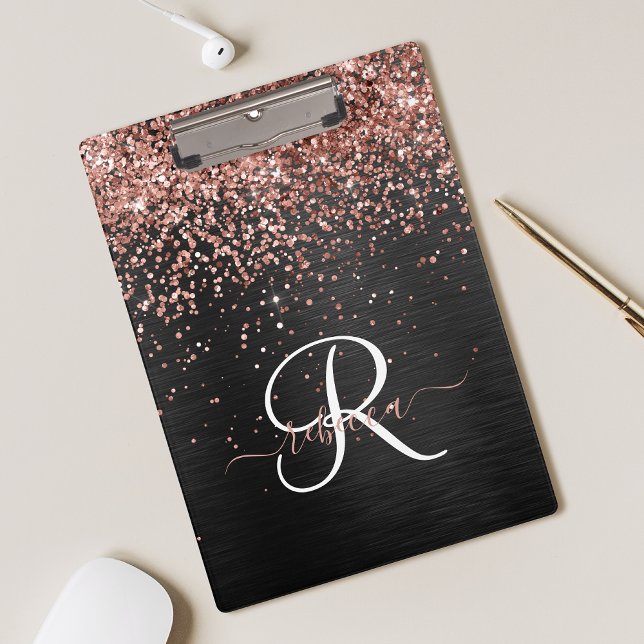 Custom Rose Gold Glitzer Black Sparkone Monogram Klemmbrett (Von Creator hochgeladen)