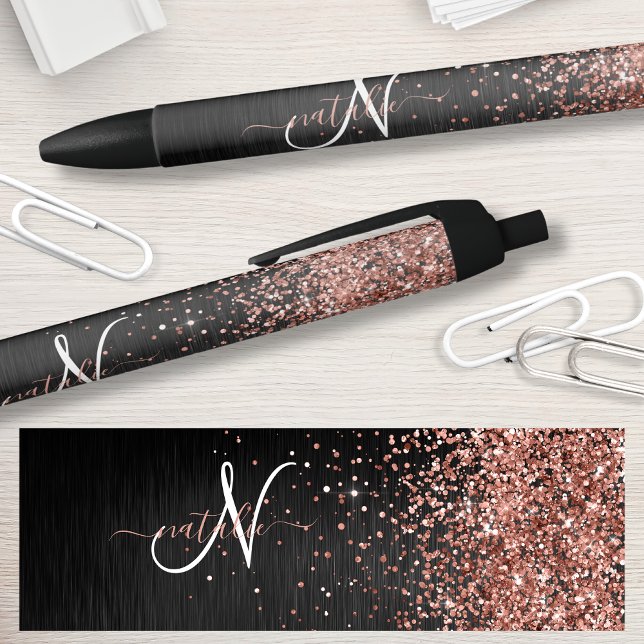 Custom Rose Gold Glitzer Black Sparkone Monogram Kugelschreiber (Von Creator hochgeladen)