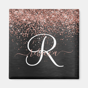 Custom Rose Gold Glitzer Black Sparkone Monogram Magnet