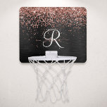 Custom Rose Gold Glitzer Black Sparkone Monogram Mini Basketball Netz<br><div class="desc">Dieses elegante Basketballkorb-Design mit hübschem vergoldetem Glitzer aus Rose auf schwarz gebürstetem metallischem Hintergrund ist einfach zu personalisieren.</div>