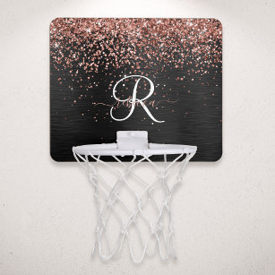 Custom Rose Gold Glitzer Black Sparkone Monogram Mini Basketball Netz