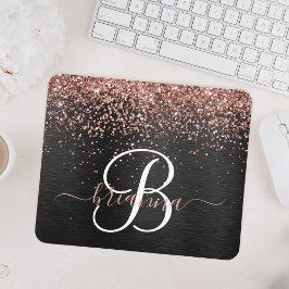Custom Rose Gold Glitzer Black Sparkone Monogram Mousepad