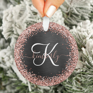 Custom Rose Gold Glitzer Black Sparkone Monogram Ornament