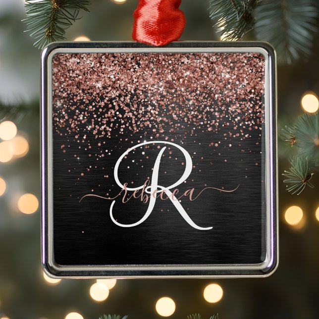 Custom Rose Gold Glitzer Black Sparkone Monogram Ornament Aus Metall (Von Creator hochgeladen)
