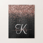Custom Rose Gold Glitzer Black Sparkone Monogram Puzzle<br><div class="desc">Dieses trendige,  elegante Puzzle-Design mit hübschem vergoldetem Glitzer aus der Rose auf schwarz gebürstetem metallischem Hintergrund ist einfach zu personalisieren.</div>