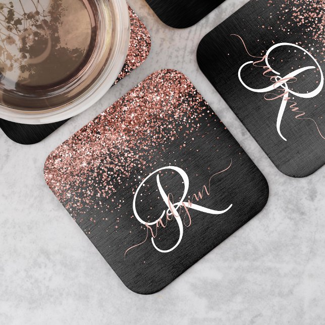 Custom Rose Gold Glitzer Black Sparkone Monogram Rechteckiger Pappuntersetzer (Von Creator hochgeladen)