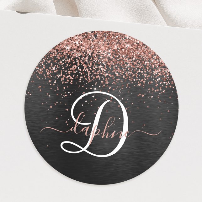 Custom Rose Gold Glitzer Black Sparkone Monogram Runder Aufkleber (Von Creator hochgeladen)