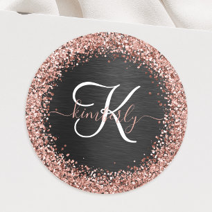 Custom Rose Gold Glitzer Black Sparkone Monogram Runder Aufkleber