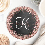 Custom Rose Gold Glitzer Black Sparkone Monogram Runder Pappuntersetzer<br><div class="desc">Dieses trendige,  elegante Untersetzer-Design mit hübschem vergoldeten Glitzer aus Rose auf schwarz gebürstetem metallischem Hintergrund ist einfach zu personalisieren.</div>