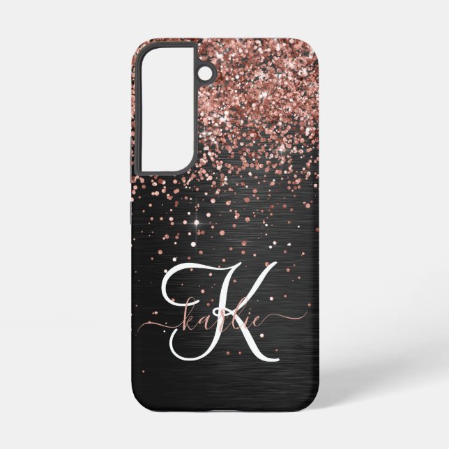Custom Rose Gold Glitzer Black Sparkone Monogram Samsung Galaxy Hülle (Rückseite)