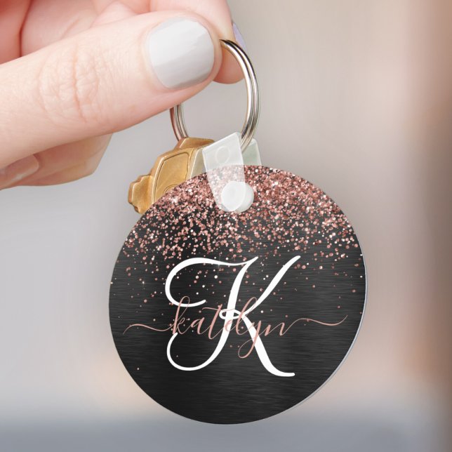 Custom Rose Gold Glitzer Black Sparkone Monogram Schlüsselanhänger (Make your keys stand out with this gorgeous rose gold glitter keychain with your monogram and name)