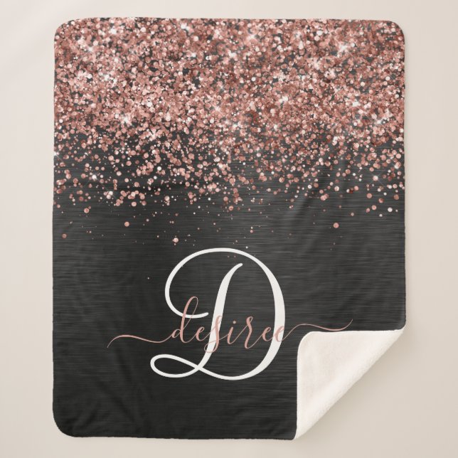 Custom Rose Gold Glitzer Black Sparkone Monogram Sherpadecke (Vorderseite)