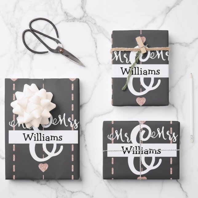 Custom Rose Gold Herzmuster Mr & Mrs. Wedding Geschenkpapier Set (Vorderseite)